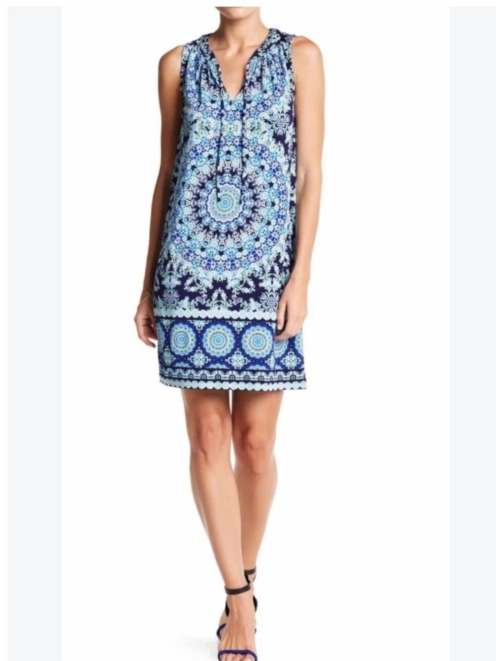 London Times Shift Dress Womens Blue Medallion Print Tie Keyhole Sleeveless 6P